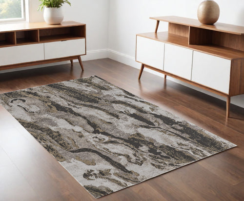 4' X 6' Brown and Ivory Abstract Power Loom Distressed Area Rug-0